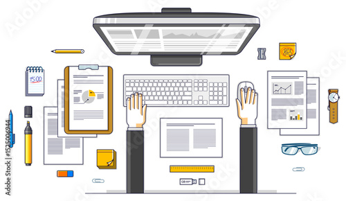 Business analysis, office worker or entrepreneur businessman working on a PC computer and papers with financial analytics, top view of work desk with stationery and documents and hands. Vector.