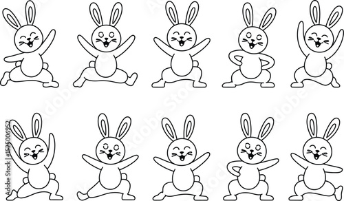 Cute easter bunny outlines in various poses happy easter day design elements