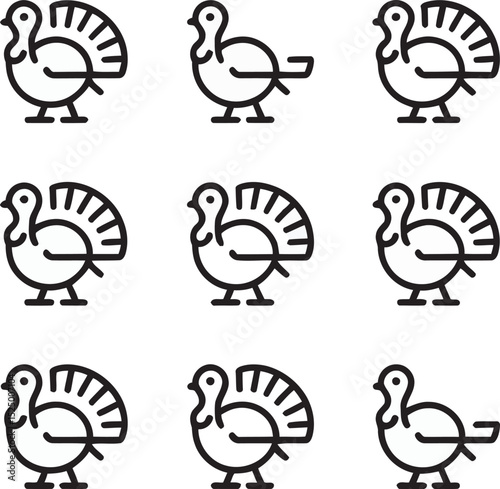 Nine minimalist black line art illustrations of turkeys arranged in a grid formation.