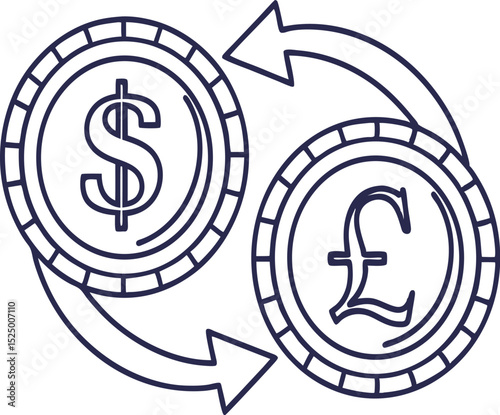 Currency Exchange Line Icon with Coins and Arrows – Vector Illustration