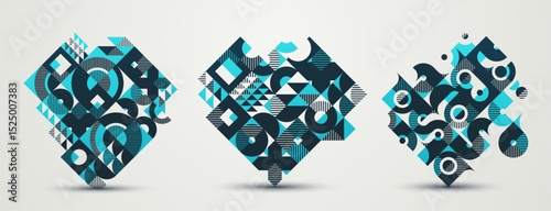 Abstract geometric design composition set, vector art wallpaper or background, geometry rectangular and circles graphics, stylish pattern collection.