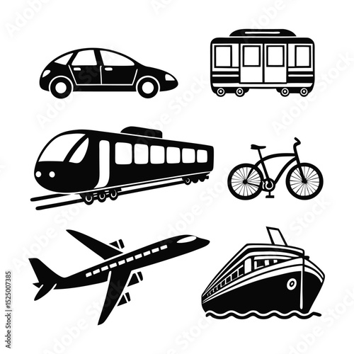 Transportation Icons Car, Train, Bicycle, Airplane, Ship, and More