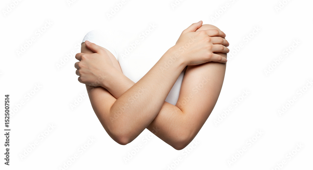 Obraz premium Woman embracing herself, showing self-love and acceptance, against white background, for wellness websites and social media