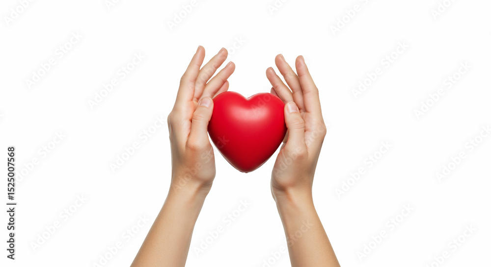 Fototapeta premium Hands holding a red heart, symbol of self-care and compassion, with copy space