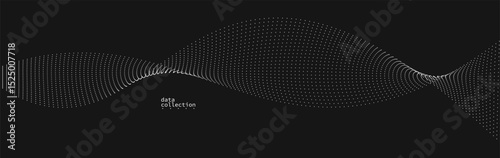 Grey abstract background, vector wave of flowing particles over black, curvy lines of dots in motion, technology and science theme, airy and ease futuristic illustration.