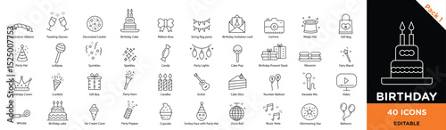 Set of 40 pixel perfect Birthday collection Line icons, Line-style icons illustrating birthday items like cake, gifts, and balloons.