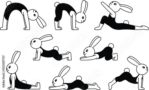 Cute cartoon rabbits doing yoga poses illustration black and white