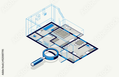 Flat plan drawing with pencil, floorplan residential house or apartment blueprint implementation, 3D isometric vector illustration, interior design project house construction embodiment.