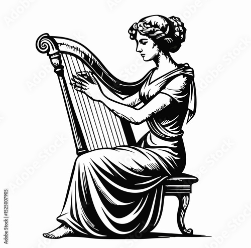 Woman Playing Harp, Black and White Illustration