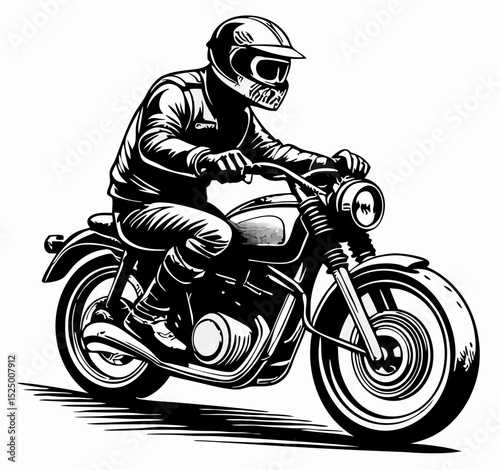 Vintage Motorcycle Rider Black and White Illustration