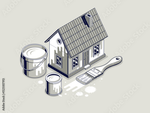 Painting house exterior walls vector 3D isometric illustration, whitewash diy facade paint renovation, residential small family house or cottage, outside painting building.