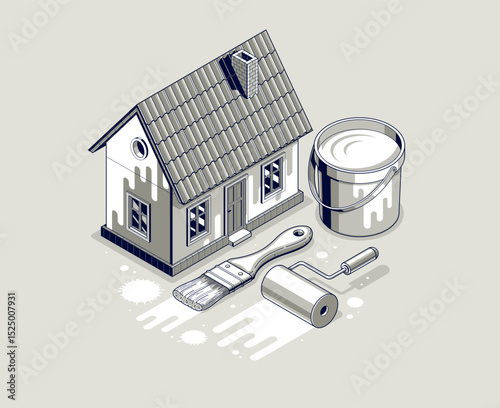 Painting house exterior walls vector 3D isometric illustration, whitewash diy facade paint renovation, residential small family house or cottage, outside painting building.