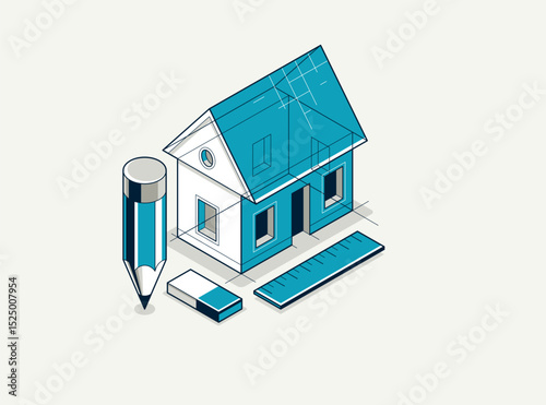 House project concept, 3D isometric vector illustration of a small house building project, construction architectural model, residential family small house.