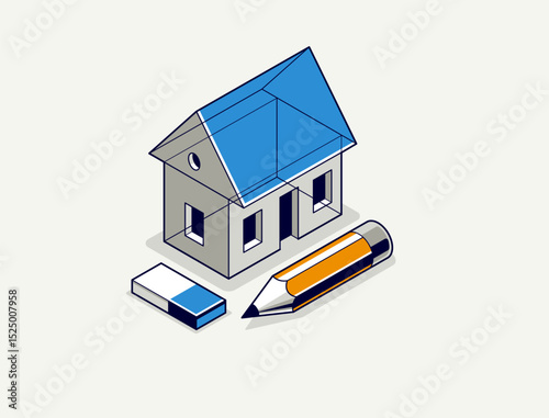 House project concept, 3D isometric vector illustration of a small house building project, construction architectural model, residential family small house.