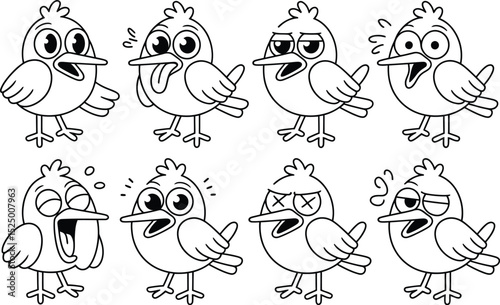 Cartoon bird character emoticon pack illustration with various facial expressions