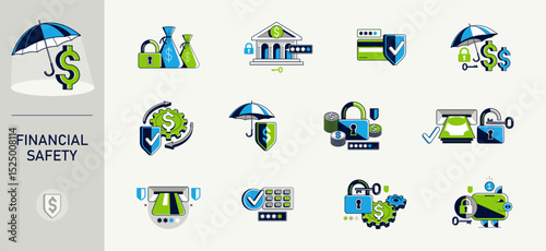 Financial safety vector detailed icons set, secured account and transaction, protected finance money.