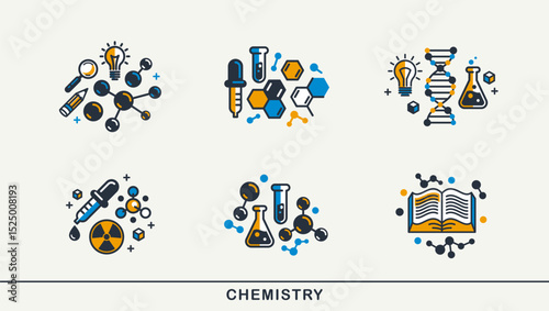 Chemistry vector detailed icons set, science theme, laboratory flasks and microscopic molecules, pharmacology and biochemistry.