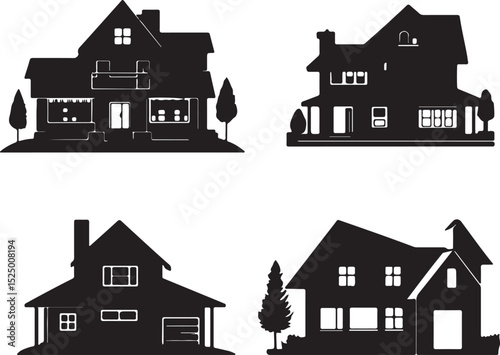 Silhouette House Icons: Vector Illustration of Four Different Home Styles, Real Estate, Architecture, and Residential Building Designs