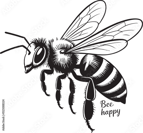 Detailed black and white illustration of a flying bee with happy script text