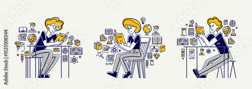 Education in university or collage, student is doing homework or preparing for exam, vector outline illustration set, study sciences and graduate.
