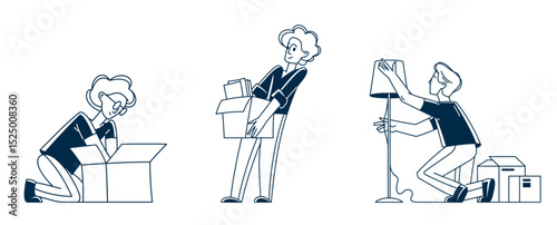 Moving to new apartment or business moving to new office, person carry and unpack boxes with stuff, beginning of new life, vector outline illustration.