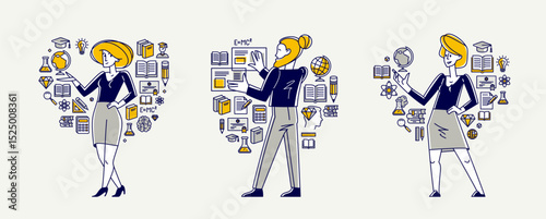 Education in university or collage, student is doing homework or preparing for exam, vector outline illustration set, study sciences and graduate.
