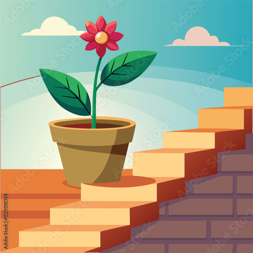  A flower on pot resting on the top stone step vector 