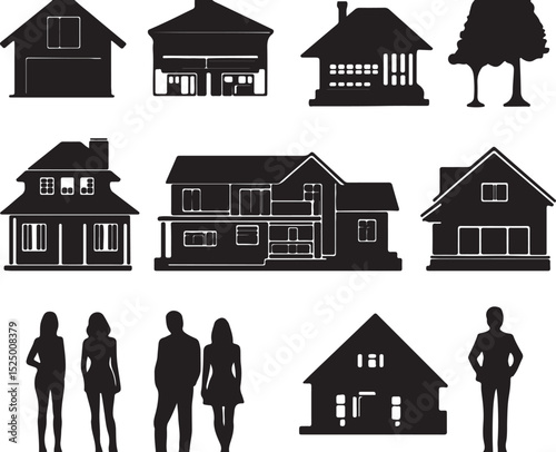 Black Silhouette Vector Graphics of Houses, Trees, and People: Architectural Design Elements for Graphic Design Projects