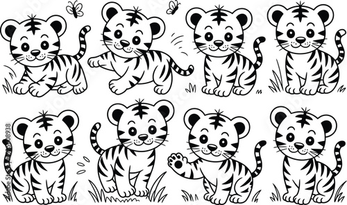 Cute cartoon tiger cubs collection illustration line art style