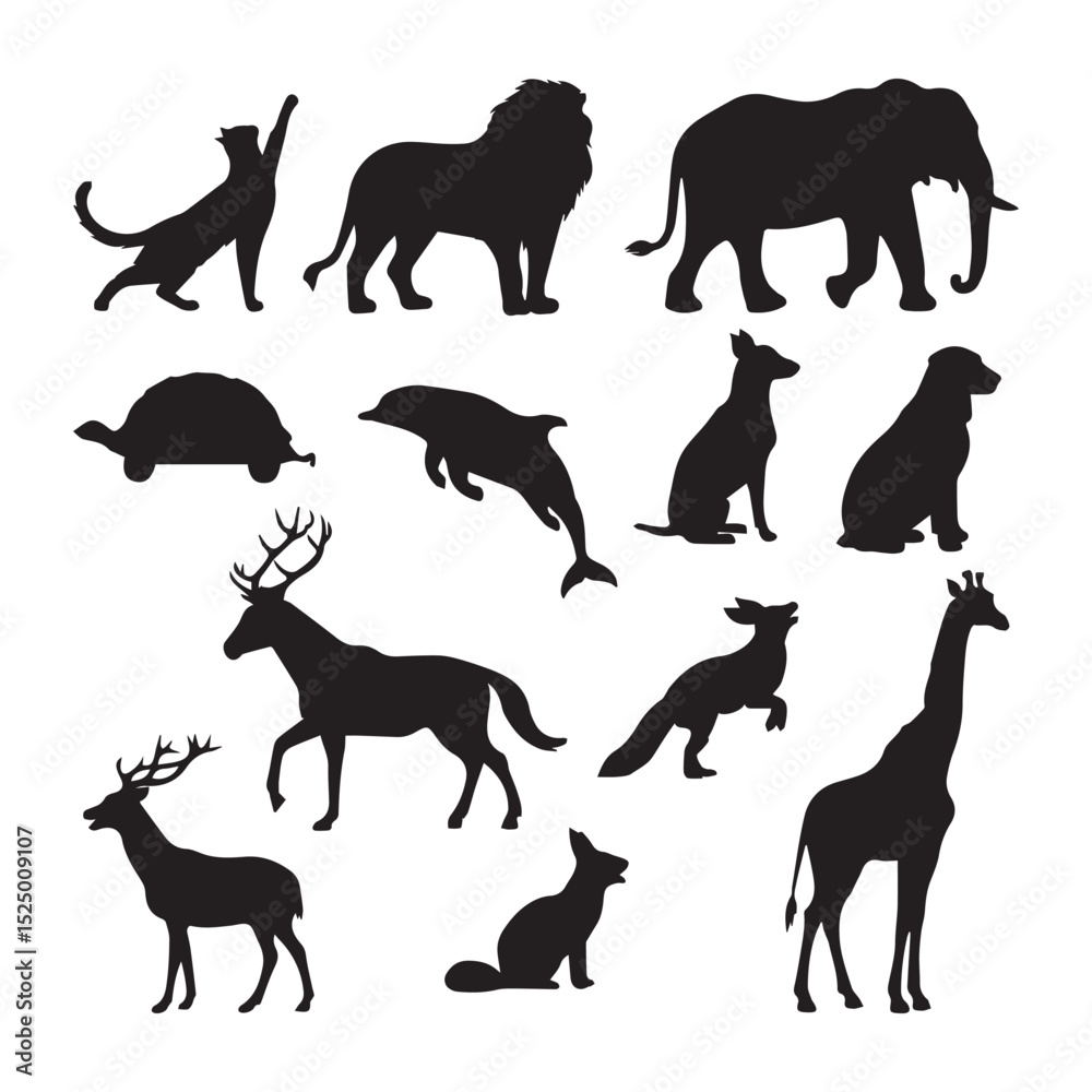 Obraz premium A bundle of animal silhouettes vector illustration on a white background.