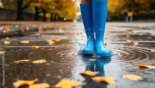 Joyful Child Jumping in Puddle with Blue Rain Boots on Autumn Day