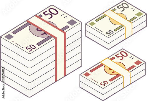 Isometric Stacks of Banknotes in Various Denominations – Vector Illustration