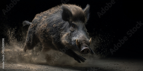 Wild boar in motion through dense forest, symbolizing strength, wilderness, and traditional European hunting heritage.