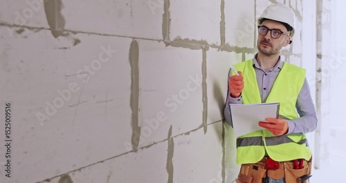 Construction specialist makes notes examining cinder blocks wall in apartment. Male engineer in hard hat evaluates special material and upcoming volume of work