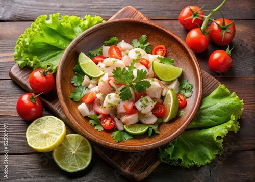 Freshly prepared ceviche in a shallow brown plate with lettuce leaves and sliced tomatoes garnished with parsley and lime wedges photo