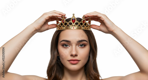 Woman placing a jeweled crown on her head, against a white background, for self-esteem campaigns photo