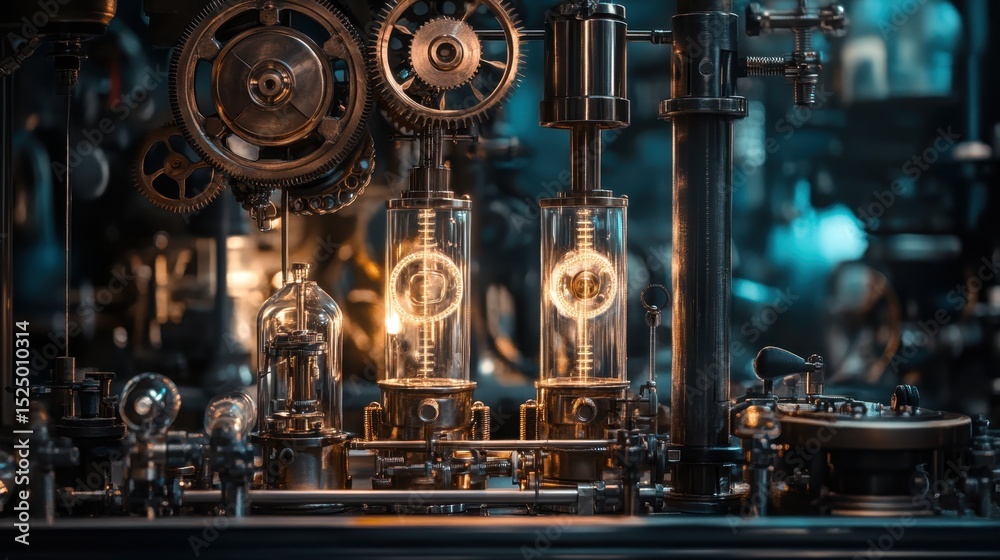 Fototapeta premium Intricate steampunk machinery with glowing elements showcases engineering creativity and design during dusk hours