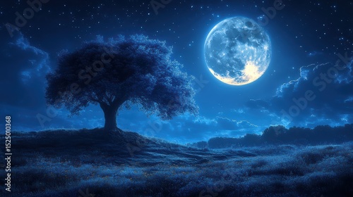 Ethereal full moon illuminating serene landscape with mystical tree and starry sky nighttime dreamscape