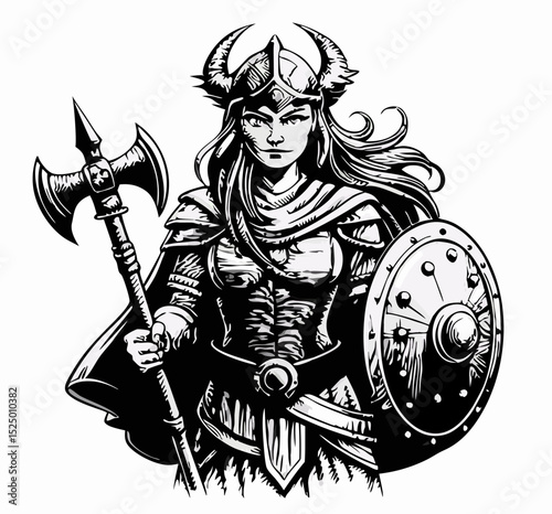 Black and White Female Viking Warrior Illustration