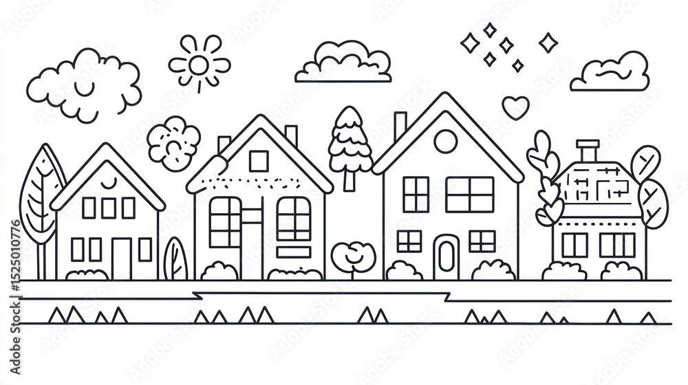 Fototapeta premium Cute, simple line drawing of a row of houses with stylized landscaping, sun, clouds, and decorative elements
