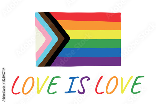 Colorful Lgbtq progress pride flag Happy pride day LGBTQ community Pride Month Vector hand drawn doodle for posters, stickers, logo, cards