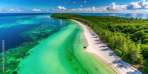 Aerial view of the newly renamed Gulf of America with crystal clear waters and white sandy beaches surrounded by lush greenery