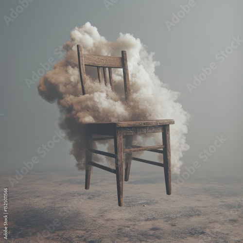 Serene wooden chair shrouded in dreamy ethereal smoke conveying peace balance and artistic beauty