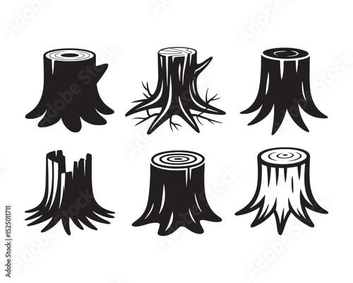 Tree stump vector collection in forest cutting silhouette style
