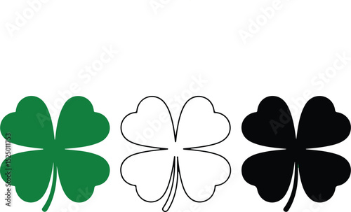 Clover Set Green Solid, Outline, and Black Fill on a Transparent Background
