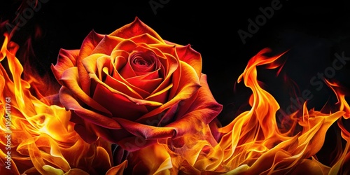Fiery red rose petals engulfed in intense orange and yellow flames against a dark black background