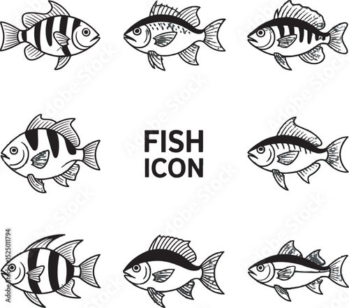 A collection of hand drawn fish icons in black and white for design purposes