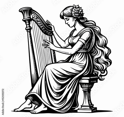 Woman Playing Harp, Black and White Line Art Illustration