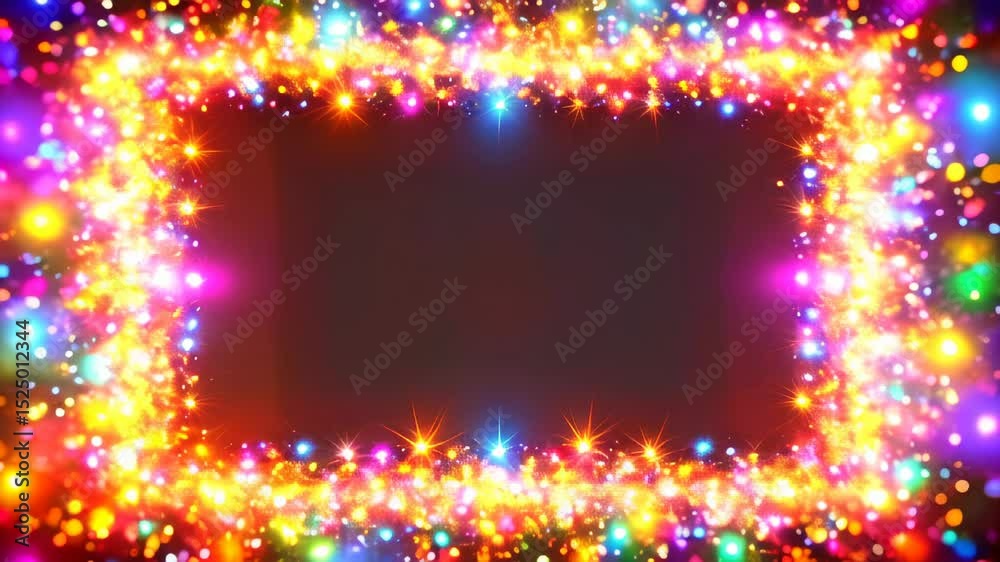 A bright frame with bright lights and stars on a black background
