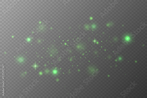 Sparkling green dust particles. Light effect of glare and stars. On transparent background. Vector EPS 10.